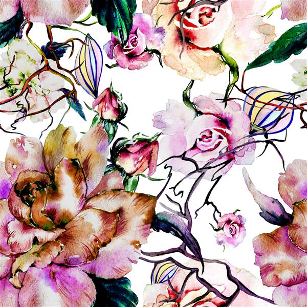 گلهای رز آبرنگ الگوی یکپارچه کاغذ دیواری طرح رایگان چاپ پارچه منسوجات مد گیاهان عجیب و غریب گرمسیری شاخه جادویی ماگنولیا ساکورا