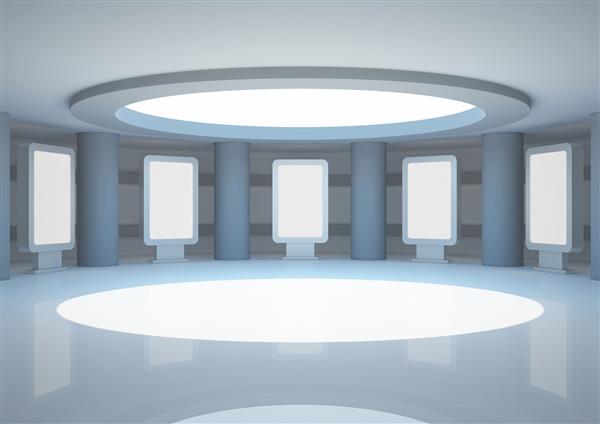 اتاق گرد و خالی با ستون ها و جعبه های نور نمایشگاه داخلی - تصویر سه بعدی