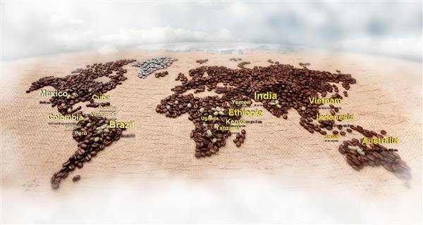 تصویری از نقشه جهان ساخته شده از دانه های قهوه که اکثر کشورهای صادرکننده قهوه روی آن مشخص شده اند