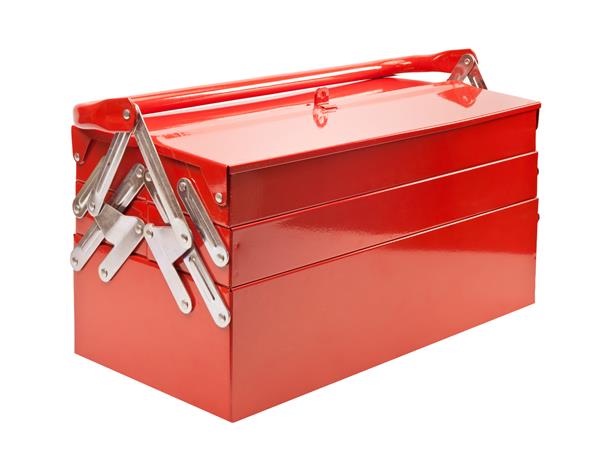 جعبه ابزار فلزی قرمز که روی سفید قرار دارد