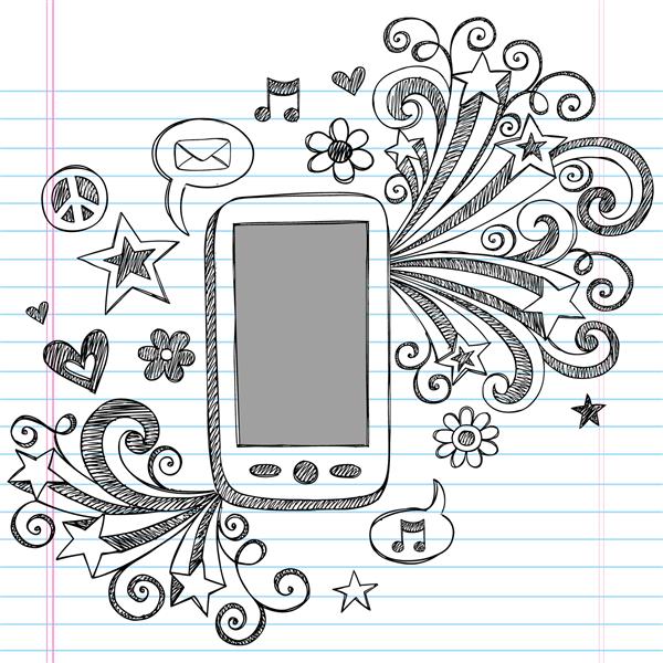 نوت بوک دستی طراحی شده موبایل PDA طرح ریزی شده با ستاره های دنباله دارنماد ایمیل موسیقی و حباب های گفتار - عناصر طراحی تصویر وکتور بر روی کاغذ کتاب