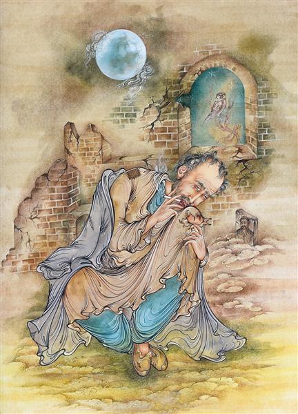 اعتیاد نقاشی مینیاتور و نگارگری مرد معتاد در کنار سنگ قبر و جغد اثر میلاد مهتابیان پور