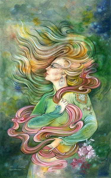 نگار سنگین دل نقاشی مینیاتور و نگارگری دختر با موهای پریشان در باد اثر رضا مهدوی