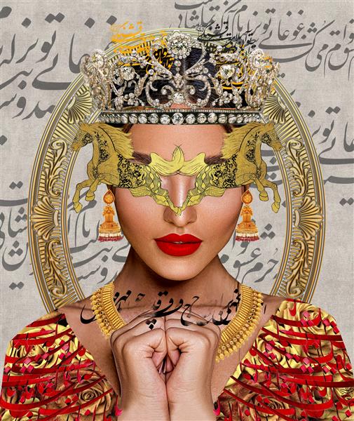 چشم های طلایی زن زیبا با دست های بسته و لباس سنتی دیجیتال آرت 