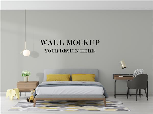 موکاپ پوستر دیواری اتاق خواب دنج و مدرن در رندر سه بعدی