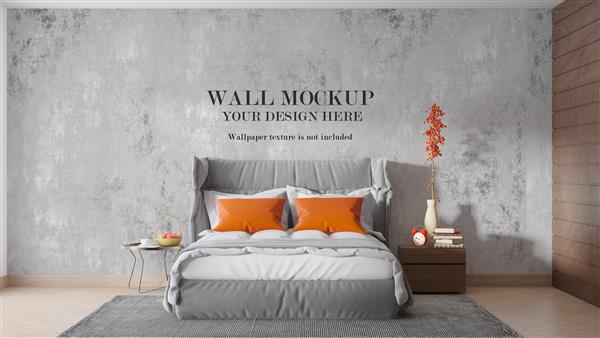 موکاپ طرح مانتو دیواری پشت تخت خواب نرم و بلند مدرن