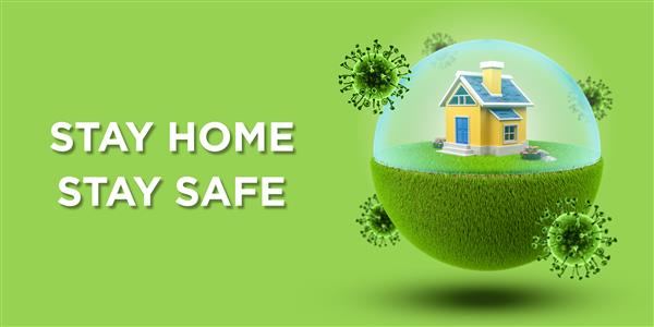 خانه ای در جهان با مانع برای جلوگیری از کرونا یا کووید -19 روی بنر سبز