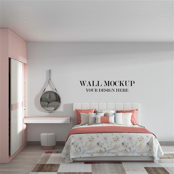موکاپ دیوار اتاق خواب دنج با مبلمان سفید صورتی