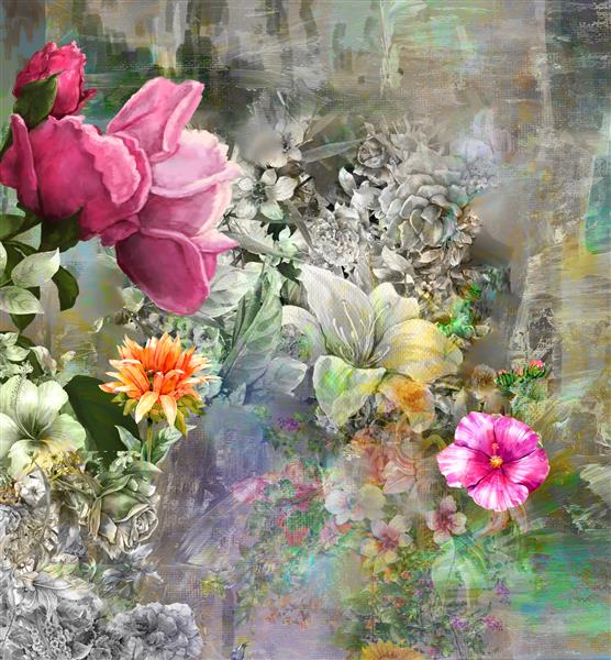 هنر انتزاعی نقاشی گلهای رنگارنگ تصویر چند رنگ بهاری