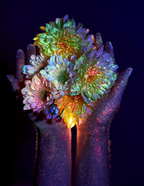 دستان زیبا زن در نور ماوراء بنفش با گل در کف دست لوازم آرایشی برای مراقبت از پوست دست
