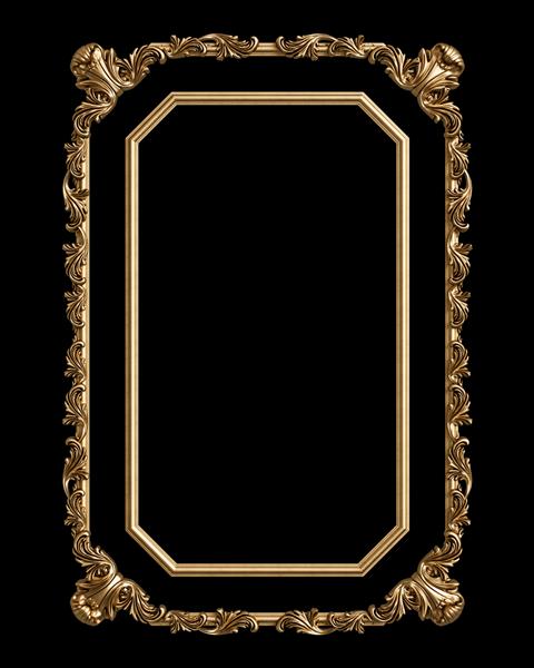 قاب طلایی کلاسیک با تزئینات جدا شده در زمینه مشکی تصویر دیجیتال رندر سه بعدی