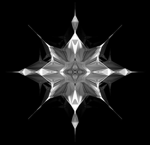 رندر سه بعدی از هنر سیاه و سفید انتزاعی با ستاره سایبری سورئال یا شی برفی بر اساس مثلث ها و ساختار فراکتالی اهرام در مواد پلاستیکی سفید در زمینه سیاه جدا شده