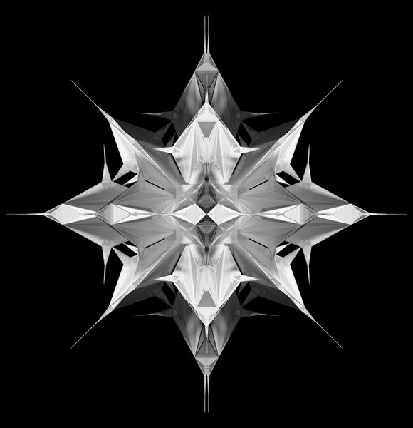رندر سه بعدی از هنر سیاه و سفید انتزاعی با ستاره سایبری سورئال یا شی برفی بر اساس مثلث ها و ساختار فراکتالی اهرام در مواد پلاستیکی سفید در زمینه سیاه جدا شده