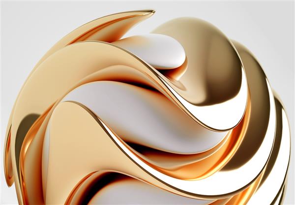 رندر سه بعدی هنر انتزاعی با بخشی از شی کروی با ظرافت سورئال در منحنی ارگانیک به شکل خطوط بیولوژیکی موج دار در پلاستیک مات سفید و مواد فلزی طلای زرد براق