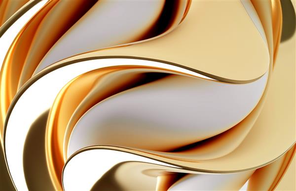 رندر سه بعدی از چکیده با زمینه سه بعدی سورئال با قسمتی از شی کروی ظرافت در منحنی آلی دور خطوط بیولوژیکی موج دار در پلاستیک مات سفید و مواد فلزی طلای زرد براق