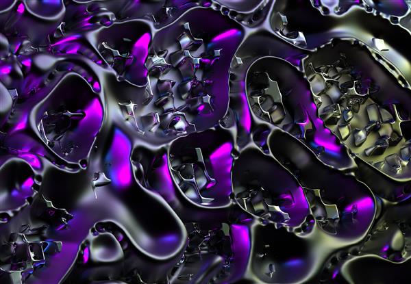 رندر سه بعدی هنر انتزاعی بافت زمینه سه بعدی در خطوط موج دار منحنی در فلز مایع در بنفش نئونی