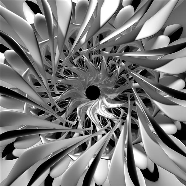 رندر سه بعدی از هنر تک رنگ سیاه و سفید انتزاعی با قسمتی از گل مارپیچی فراکتال سورئال