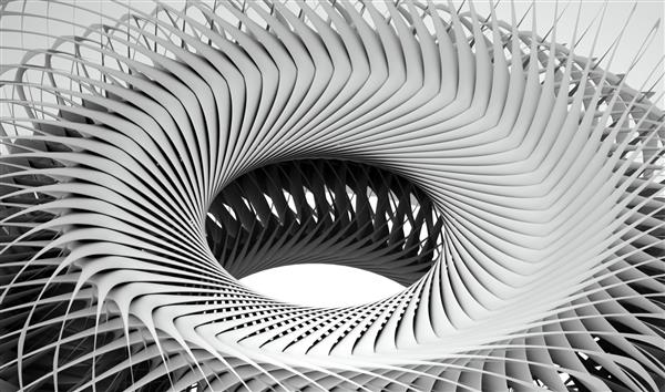 رندر سه بعدی هنر انتزاعی سیاه و سفید از موتور جت توربین سورئال
