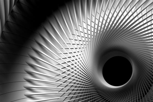 رندر سه بعدی از هنر تک رنگ سیاه و سفید انتزاعی با بخش صنعتی 3 بعدی از توربین