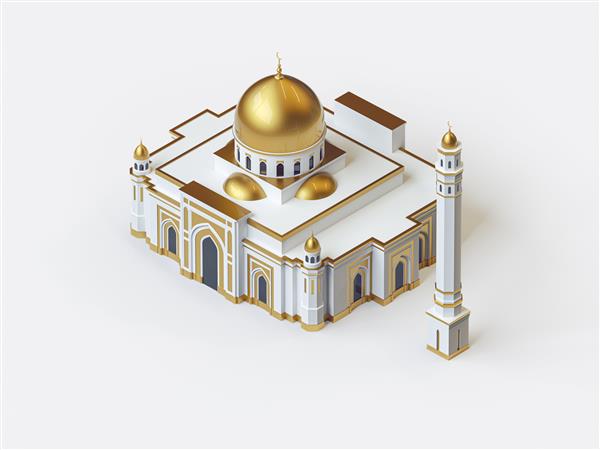 تصویر سه بعدی از مسجد زیبا سفید و طلا معماری به سبک ایزومتریک