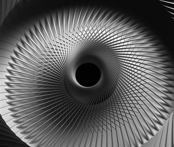 هنر انتزاعی سیاه و سفید سه بعدی با قسمتی از موتور جت توربین صنعتی مکانیکی سورئال یا گل یا نماد خورشید