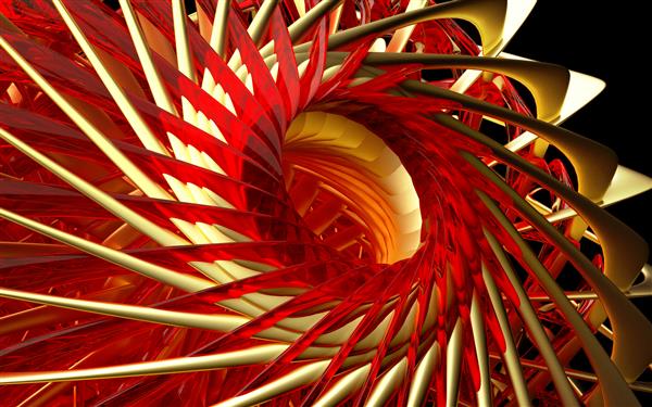 تصویر سه بعدی از قسمت انتزاعی مکانیزم موتور جت توربین سورئال با تیغه های تیز چرخش از فلز مات طلایی با قطعات شیشه ای قرمز در زمینه سیاه