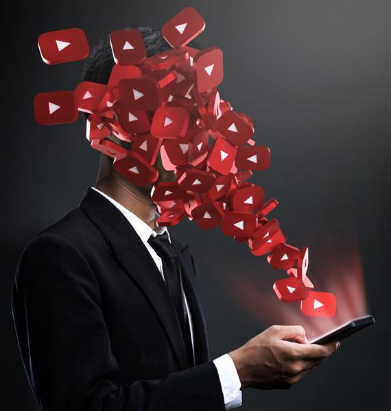 نمادهای یوتیوب در چهره یک مرد ظاهر می شوند