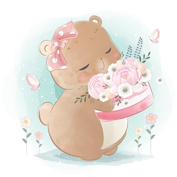 خرس کوچولو سبد گل در دست دارد
