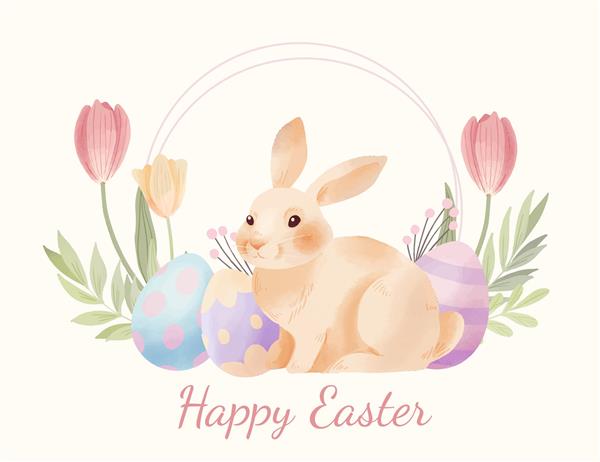 تصویر آبرنگ عید پاک با تخم مرغ و خرگوش