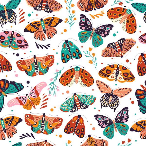الگوی بدون درز با پروانه ها و پروانه های رنگارنگ کشیده شده با دست حشرات سبک دار با گل و عناصر تزئینی