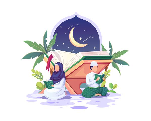 زن و شوهر مسلمان در حال خواندن و مطالعه قرآن در تصویر ماه مبارک رمضان کریم