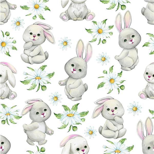 خرگوش های زیبا گل های بابونه برگ ها به سبک کارتونی در زمینه ای جدا الگوی بدون درز آبرنگ