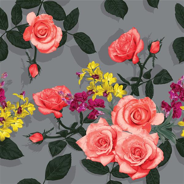 الگوی بدون درز گلدار با گل رز و گل ارکیده زمینه انتزاعی تصویر کشیده شده با دست