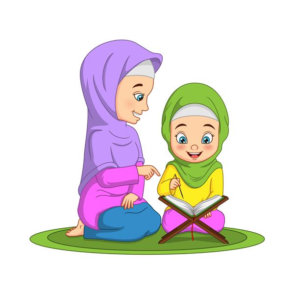 زن مسلمانی که به دخترش قرآن می خواند