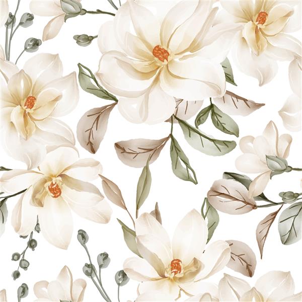 طرح بدون درز با گلهای بهاری سفید مگنولیا و برگ