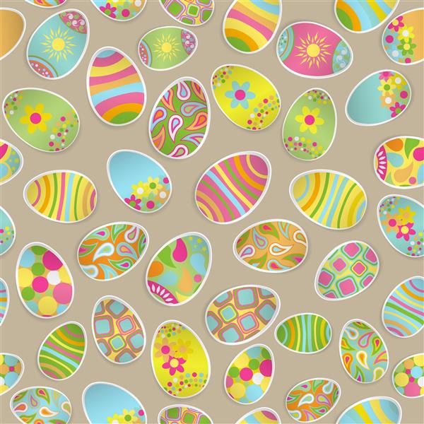 الگوی چند رنگ بدون درز از تخم مرغ های کاغذی با زیور آلات مختلف