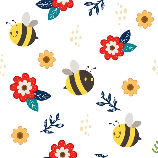 الگوی بدون درز زنبور عسل زیبا با گل و برگ به سبک تخت