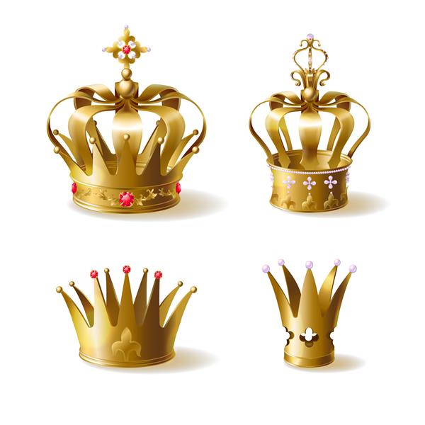 تاج های طلایی پادشاه یا ملکه تزئین شده با سنگهای قیمتی