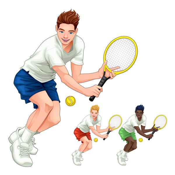 سه بازیکن تنیس با رنگ مو پوست و لباس متفاوت