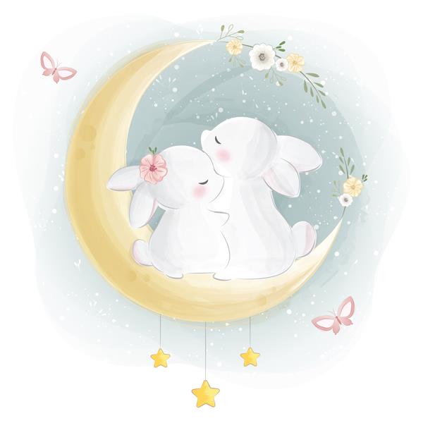 زوج خرگوش ناز در حال بغل کردن روی ماه
