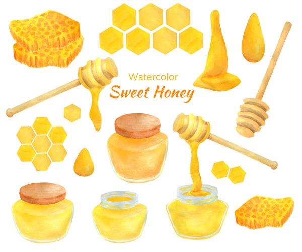 ست عسل شیرین آبرنگ با کوزه دیپر و لانه زنبوری