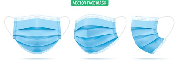 ماسک صورت جراحی تصویر ماسک های محافظ طبی آبی از زوایای مختلف جدا شده روی سفید ماسک محافظ ویروس کرونا با حلقه گوش در نمای جلو سه چهارم و نمای جانبی
