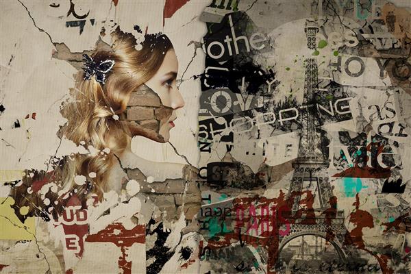دیجیتال آرت هفته مد پاریس دختر زیبا و برج ایفل در پس زمینه دیوار قدیمی اثر سامان رئوفی