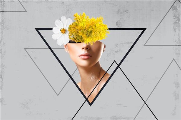 دیجیتال آرت انتزاعی طرح چهره زن با سری گلدانی شکل با گل های سفید و زرد و مثلث اثر سامان رئوفی