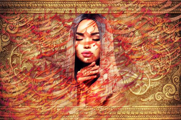 طرح دیجیتال آرت دختر مو بلند با قاب طلایی و چیدمات حروف فارسی اثر سامان رئوفی