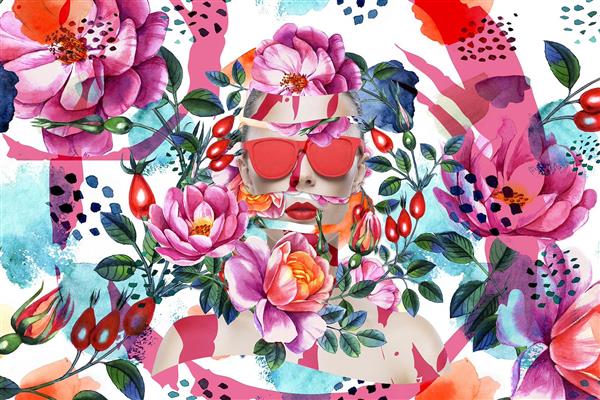 دختر زیبا با عینک قرمز در پس زمینه گل های رنگی اثر سامان رئوفی
