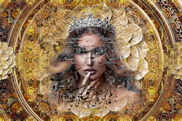 ملکه زیبایی در پس زمینه بژ و طلایی هنر دیجیتال نقاشیخط 