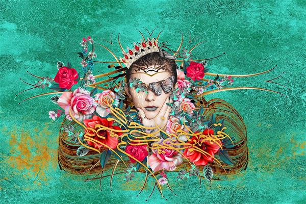 ملکه زیبایی با تاج در میان گل های زیبا در پس زمینه سبز دیجیتال آرت