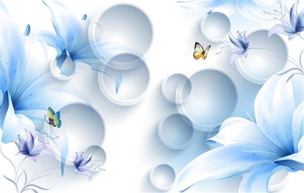 پوستر سه بعدی پروانه های رنگی و گل های سفید و آبی با زمینه حلقه های سفید