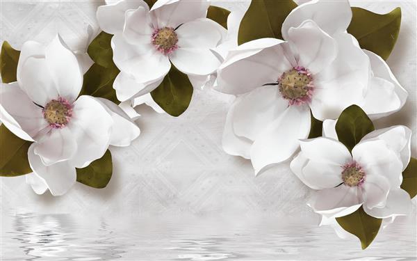 پوستر سه بعدی گل های سفید و کاشی کاری